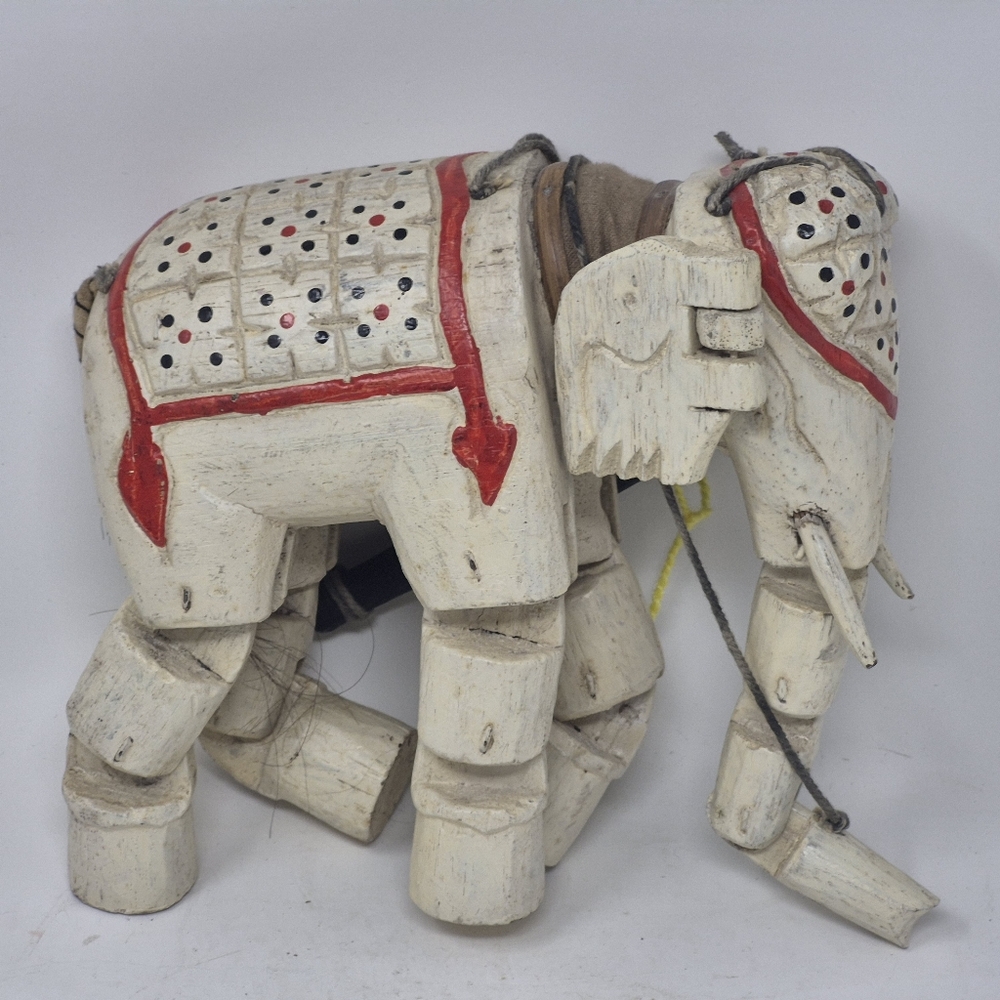 Vintage Hand Carved Wood Elephant Marionette Puppet Folk Art Hand Painted